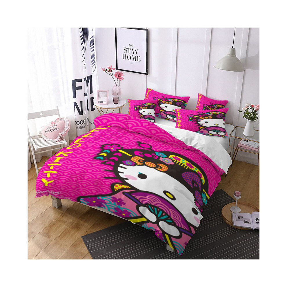 (RoseRed, EU-Double(3pcs):200×200cm) Hello Kitty Bedding Set Cartoon Cute Cat Duvet Cover Pillowcase Us Uk King Queen