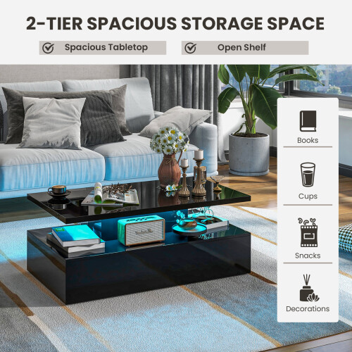 Costway 2-Tier Coffee Table Modern Center Table w/ Adjustable LED Light Remote 2