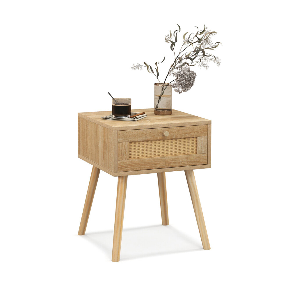 Nightstand Bedside Sofa Table with Rattan Drawer Bedroom & Living Room