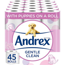 Andrex Gentle Clean Toilet Rolls - 45 Toilet Roll Pack - Bulk Buy Toilet Rolls - Gentle and Soft on Your Family's Skin - Dermatologically Tested
