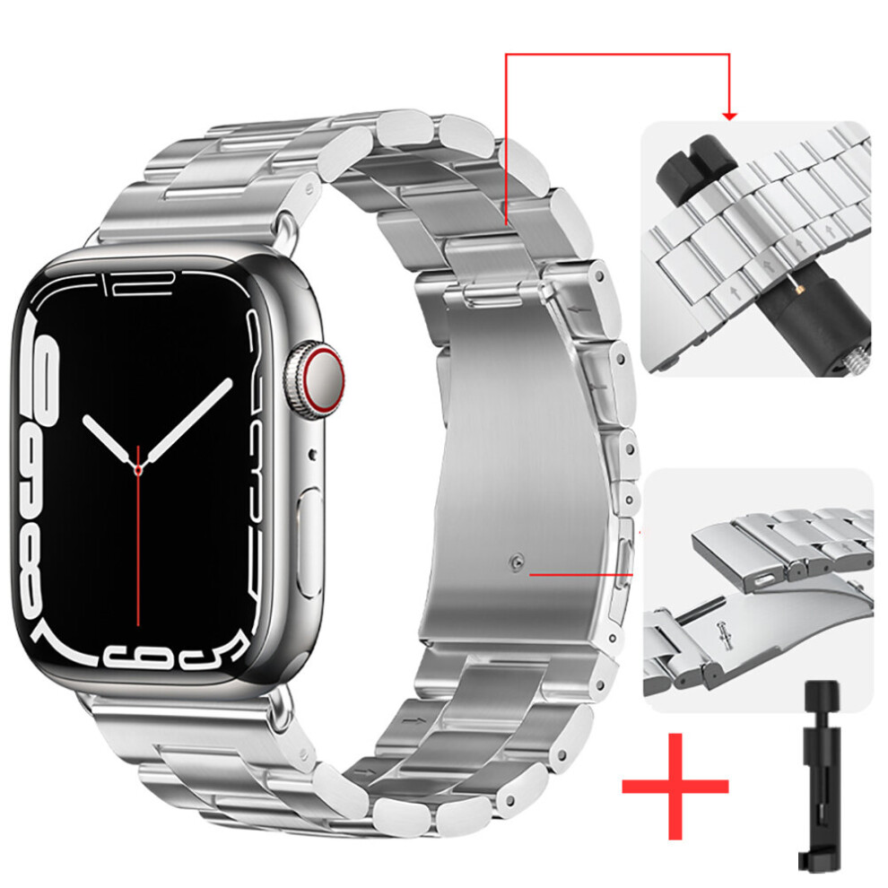 (Silver and toolY, For iWatch 7 41mm  Y) Metal Strap for Apple Watch Band 44mm 40mm 45mm 41mm 42mm 38mm Stainle