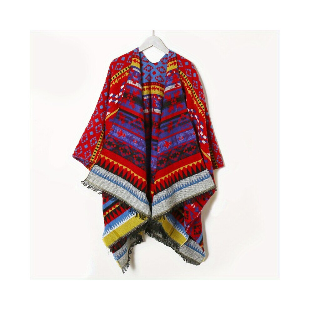 Boho Plaid Jacquard Large Shawl Vintage Windproof Warm Cape Scarf Blanket Wraps Cardigan Poncho For Women-image-OPC-PC6DCSY-NEW