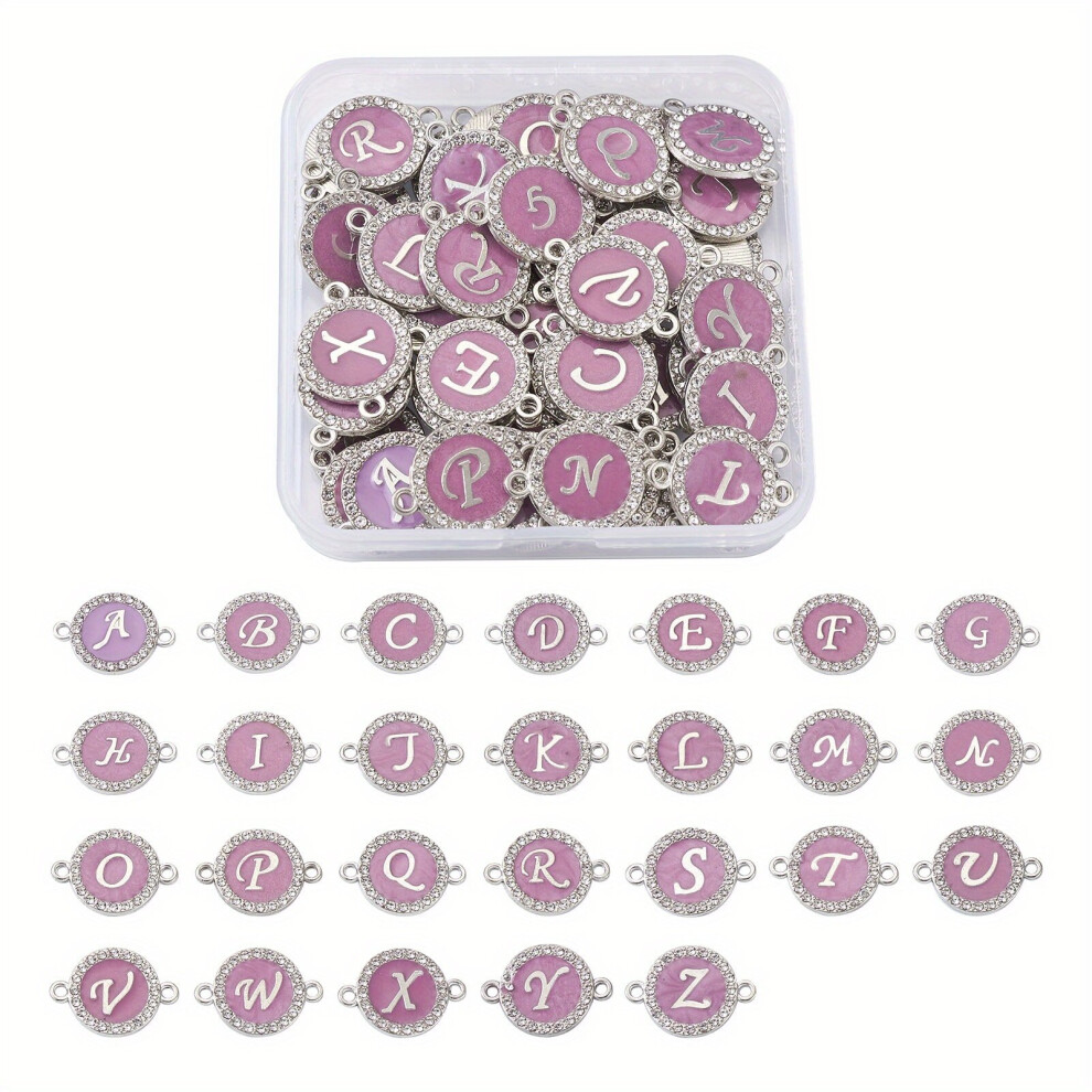 52pcs Rhinestones Decor Enamel Purple Alphabet Links Connectors Letter A Alloy Enamel Flat Round Charms Metal Dangle Pendants 22x16mm For DIY Craft Ea