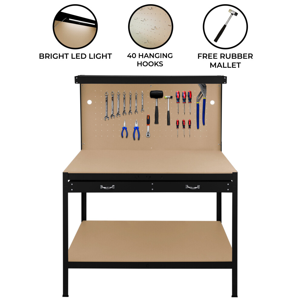 (Black) Workbench Pegboard Drawer LED Light Tool Garage