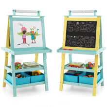 3-in-1 Kids Art Easel: Double-Sided Whiteboard & Chalkboard with Paper Roll, 2 Storage Trays & 2 Bins, Sturdy MDF