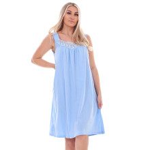(Blue, M) Malay Ladies Plain Nightwear Nightdress Lace Sleeveless Strap Short Plus Nightshirt