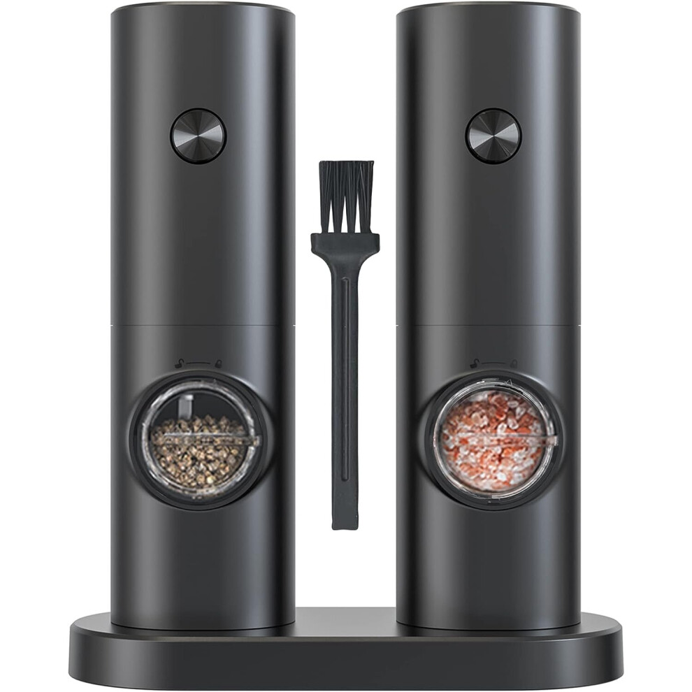 Electric Salt and Pepper Grinder Sets,Pepper Grinder with Base,Small Brush,LED Light,Powered by 4 AAA Batteries,Adjustable Grinding Fineness (Black)