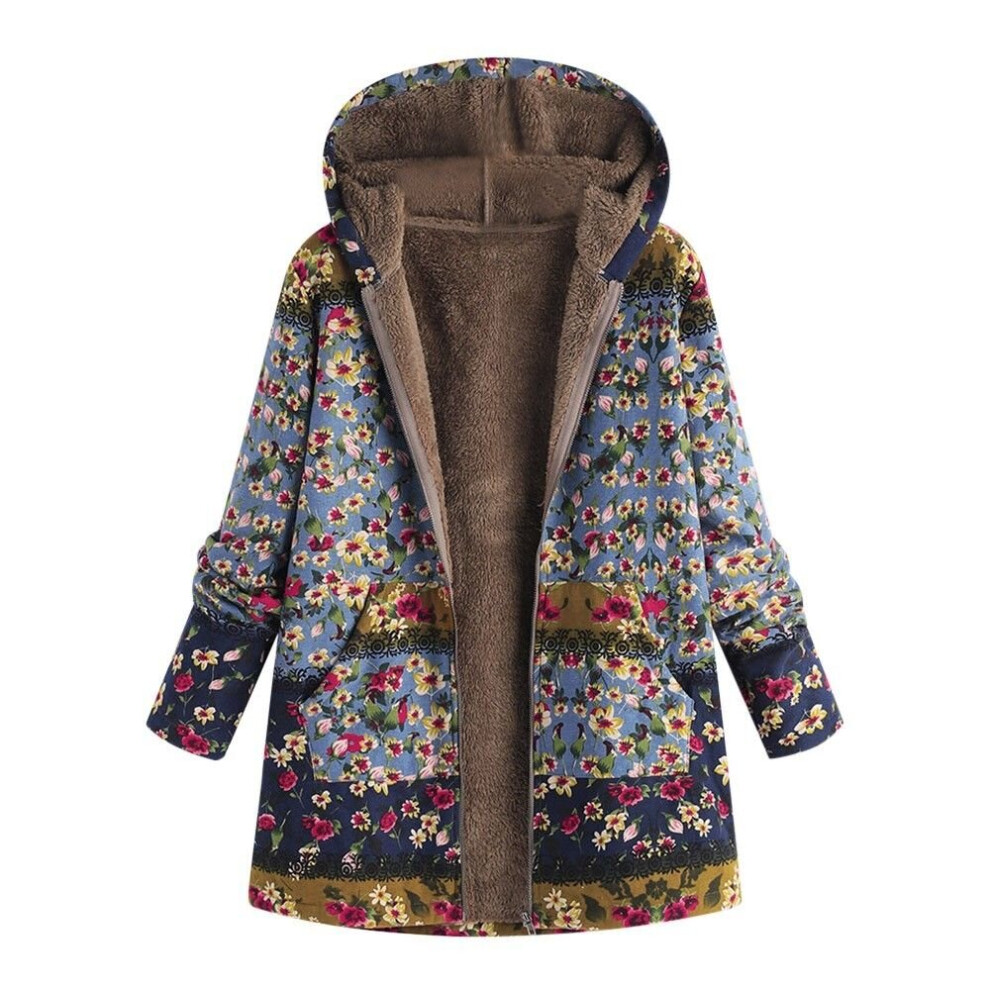 (Blue Floral#2, L) Winter Warm Women Fleece Lined Hooded Jacket Parka Floral Coat Outwear Jacket