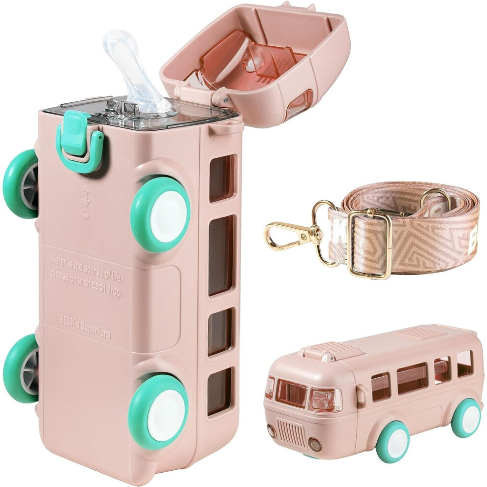Tianfu Bus Shape Car Water Bottle With Straw Lid, 16.9 Oz Portable Kid Water Cup With Shoulder Strap, Detachable, Leak-Proof(Pink)