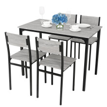 (Grey (table+4 chairs)) 4pcs Dining Table and Chairs Set Wooden Bench Seat