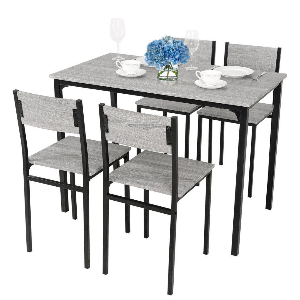 (Grey (table+4 chairs)) 4pcs Dining Table and Chairs Set Wooden Bench Seat