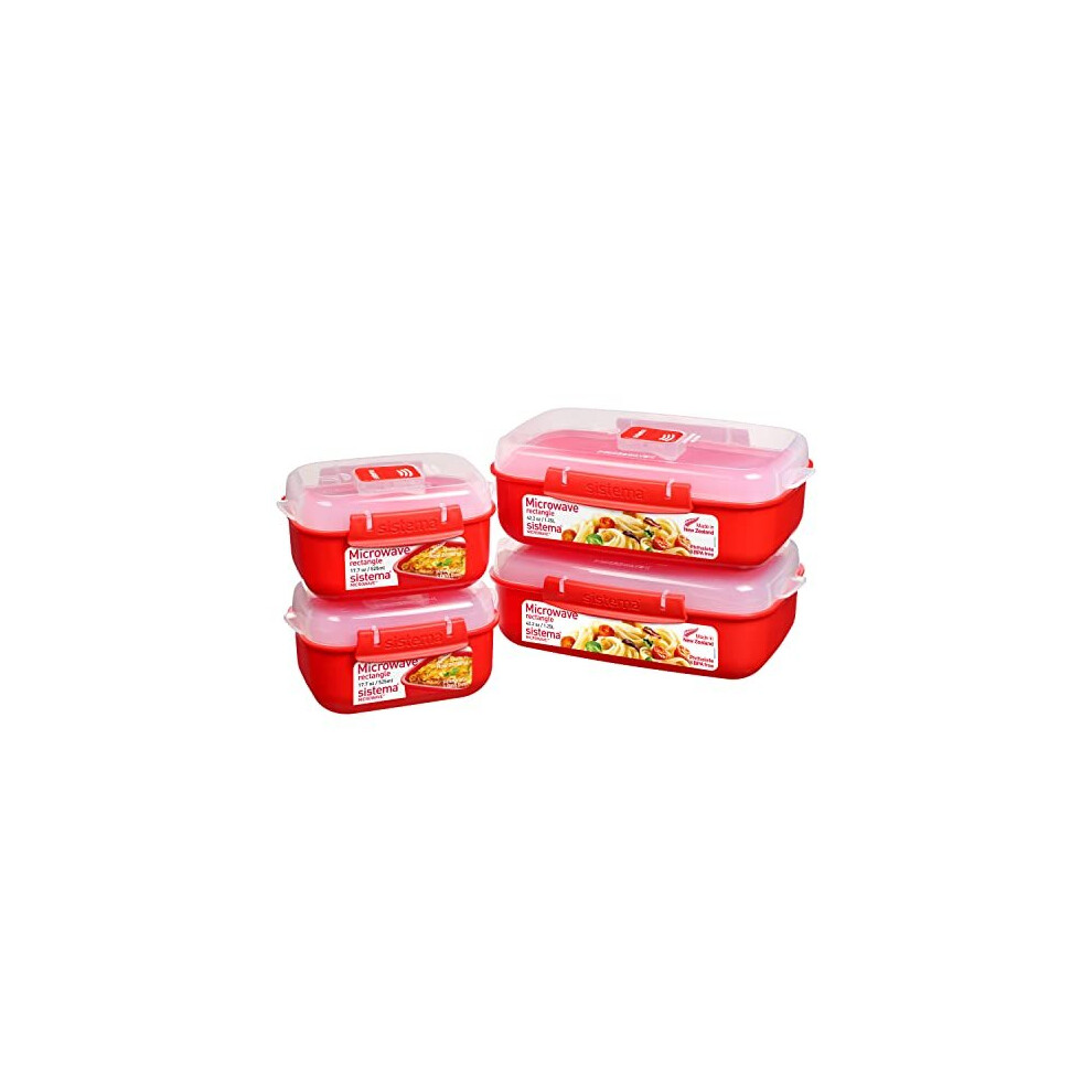 Heat and Eat Microwave Set | 4 Rectangular Food Containers with Lids (2x 1.25L + 2x 525ml) | Locking Clips & Steam Release Vents | BPA-Free|