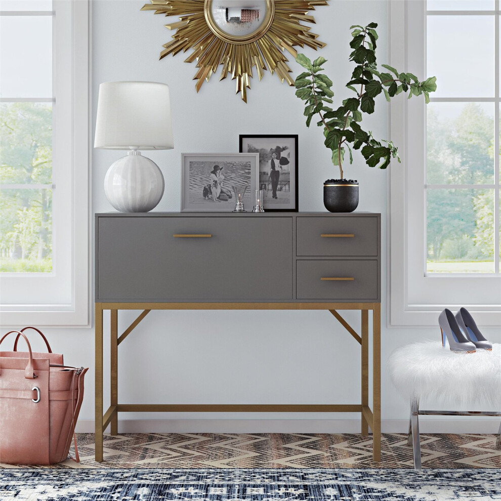Wooden Grey Lennon Console Bar Table Desk Unit With Storage Drawers