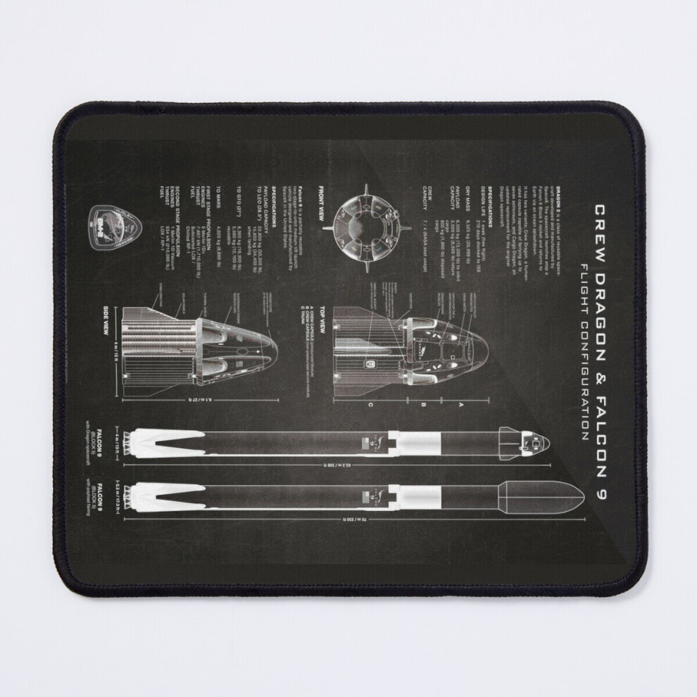 Mouse Pad Spacex Crew Dragon Spacecraft Falcon 9 Rocket Blueprint (Black) 11.8 X 9.8 Inch Computer Mat Gaming Office Mousepad Black 7802738149623