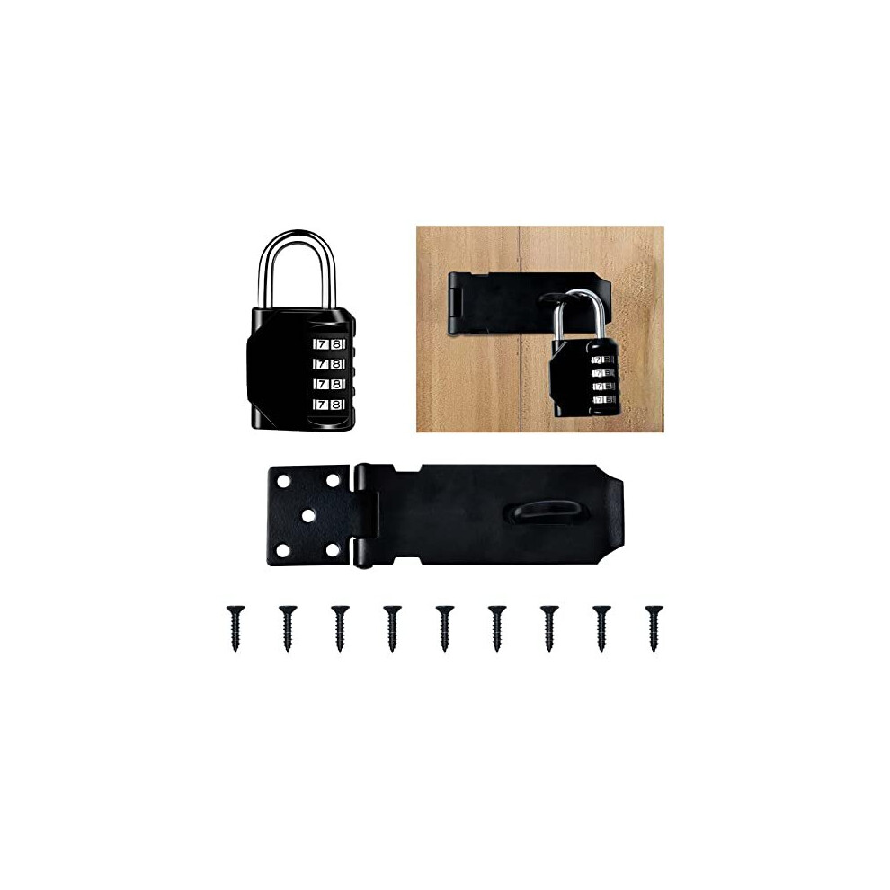 Door Latch Hasp with Door Padlock Hasp, 4 Digit Combination Padlock and Screw, Stainless Steel Hasp Lock Heavy Duty Garage Shed Door Security Lock,