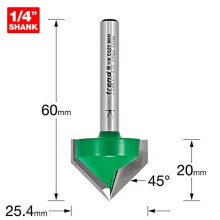 CraftPro Chamfer Router Cutter Bit, 1/4 Inch Shank, 25.4mm Cut Diameter & 45 Degree V Groove, Tungsten Carbide Tipped, C045X1/4TC