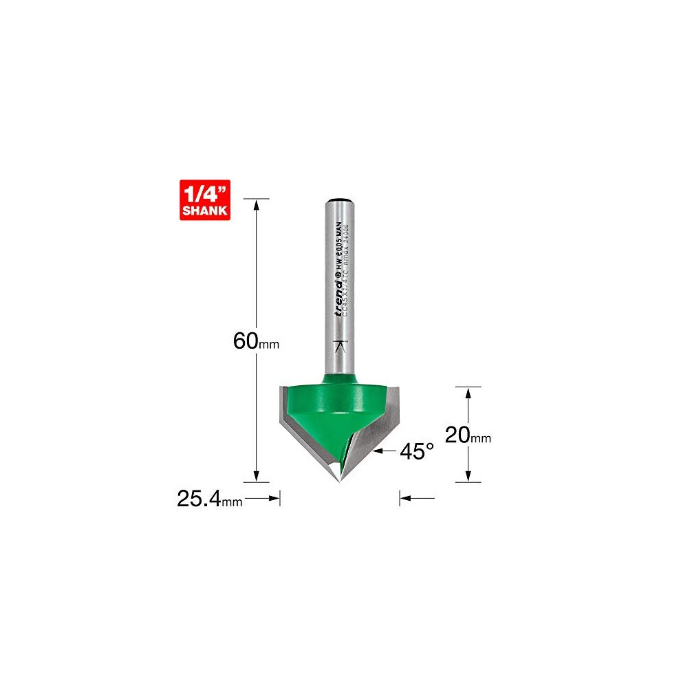 Trend Craftpro Chamfer Router Cutter Bit, 1/4 Inch Shank, 25.4Mm Cut Diameter & 45 Degree V Groove, Tungsten Carbide Tipped, C045x1/4Tc