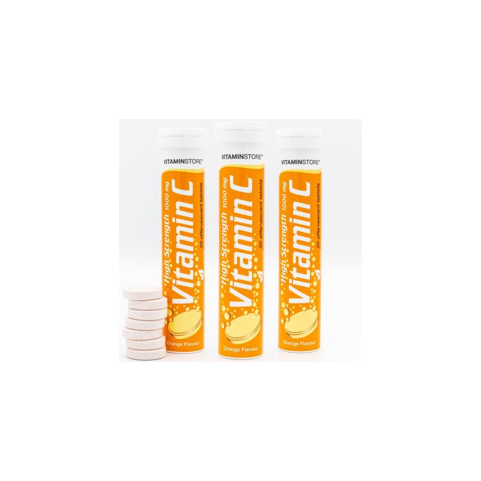 Vitamin Store 60 High Strength Vitamin C (1000Mg) Effervescent Tablets - 3 Packs Of 20 Vitamin C Dissolvable Tablets - One-A-Day - Soluble Orange Flavoured Vitamin