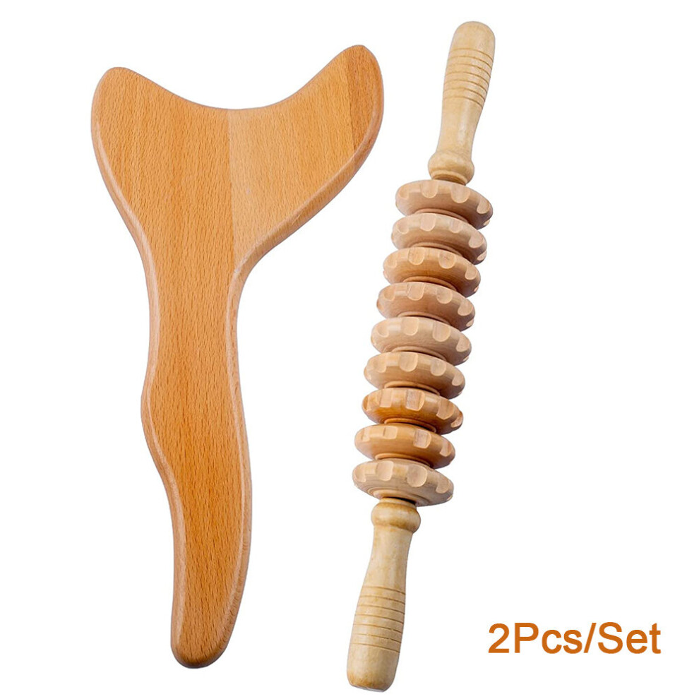 Dechoicelife 2Pcs Wooden Roller Stick & Scraping Board Massager, Wood Therapy Massage Tools For Back Waist Anti-Cellulite Lymphatic Drainage