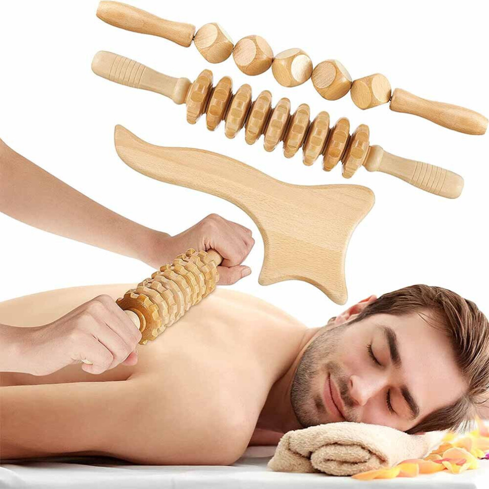 Dechoicelife 3Pieces Wood Therapy Massage Tools Lymphatic Drainage Anti Cellulite Massager Body Muscle Pain Relief Fascia Release