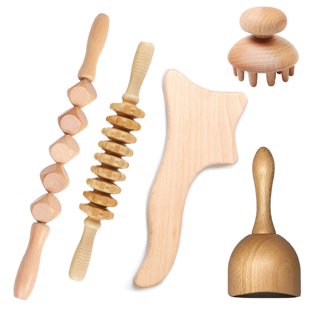 Dechoicelife (A-5Pcs-Set Massager) Tcare Wood Therapy Massage Tools, Maderoterapia Colombiana, Lymphatic Drainage Massager Roller Therapy Cup, Anti Cellulite