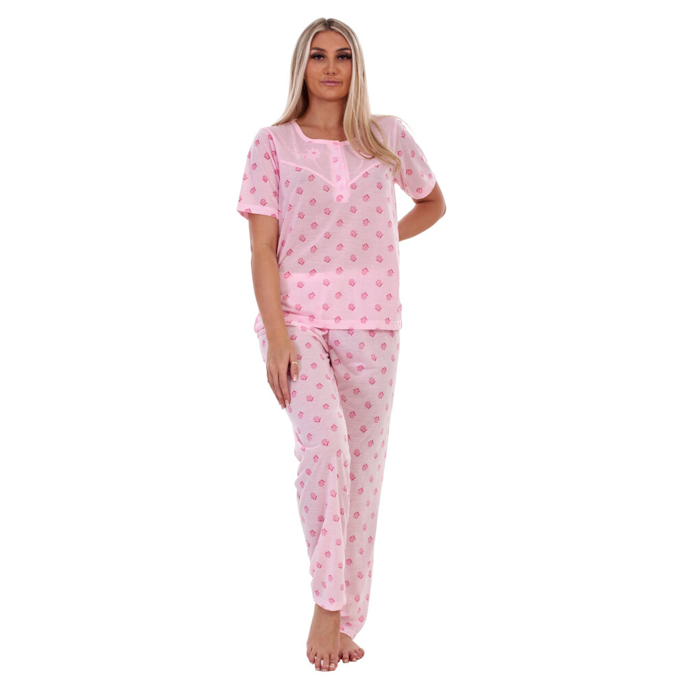 (Pink, XL) Ladies Pyjama Set Floral Printed Short Sleeve Buttons Plus Nightwear M to 6XL