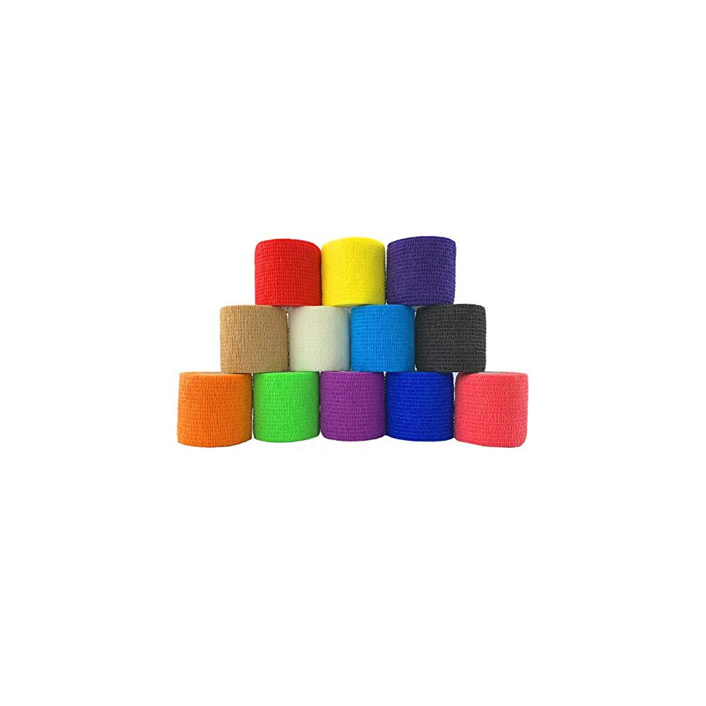 Inksafe Assorted Colours Self Adherent Cohesive Bandages 5Cm X 4.5M Box Of 12 - Uses Include Tattoo Grip Wrap, Vet Wrap, Tape For Wrist And Ankle Sprains
