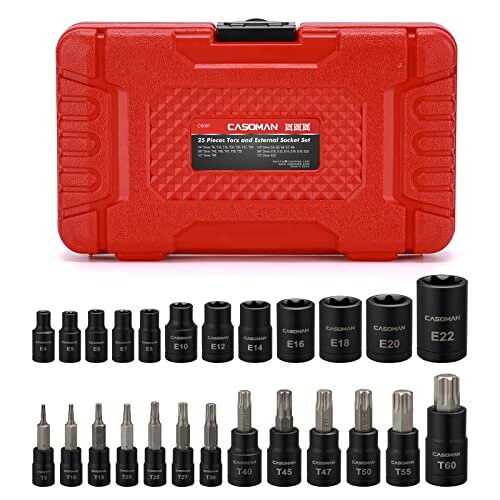 25 Piece Torx Bit Socket and Female External Socket Set, 13 Star Socket Bits (T8- T60)& 12 Female E-Torx Sockets (E4-E22)