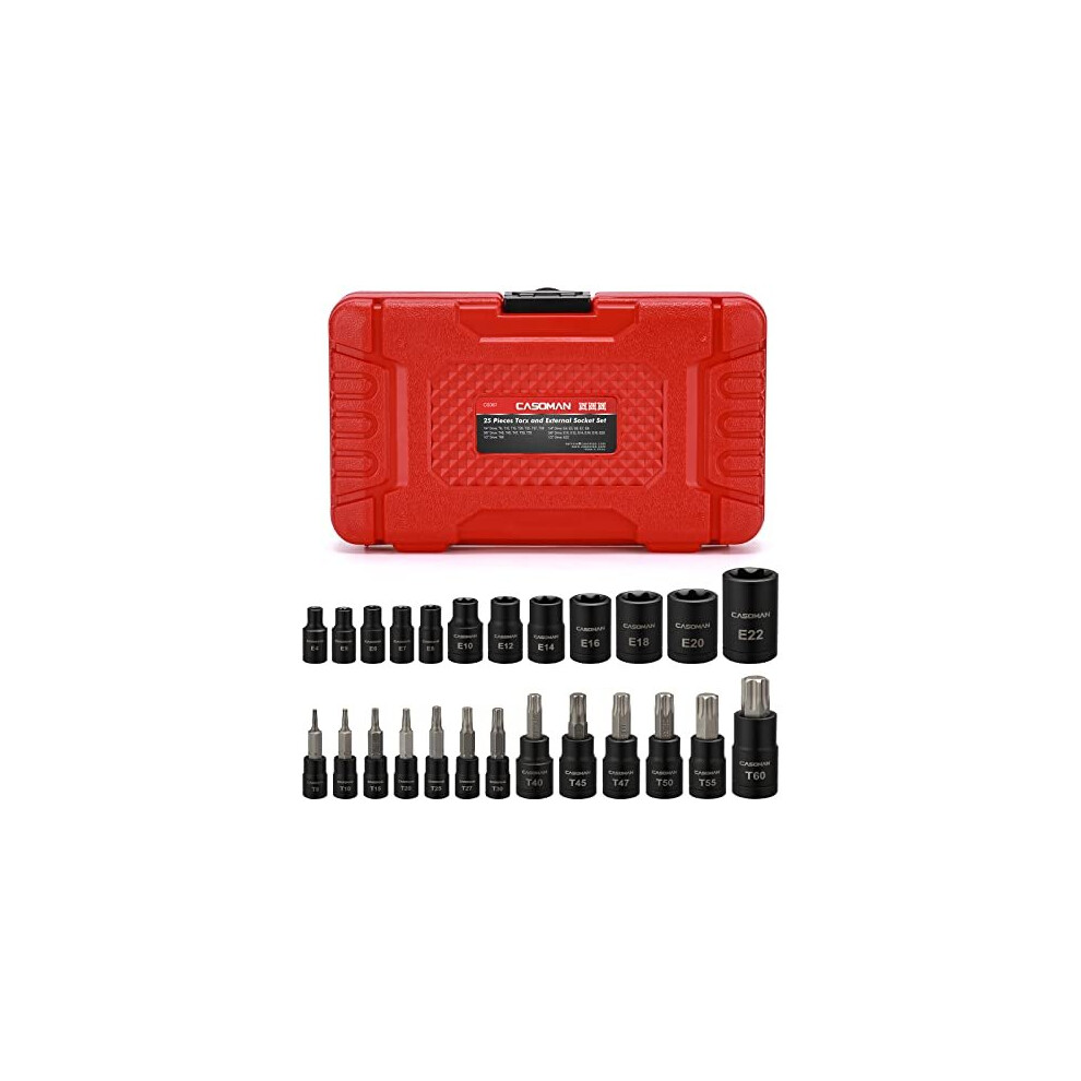 25 Piece Torx Bit Socket and Female External Socket Set, 13 Star Socket Bits (T8- T60)& 12 Female E-Torx Sockets (E4-E22)
