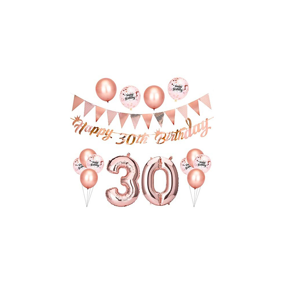 30th Birthday Decorations Set Include Rose Gold Happy 30th Birthday Banner, Triangle Flag Banner, Confetti Latex Balloons and Foil Balloons for Party