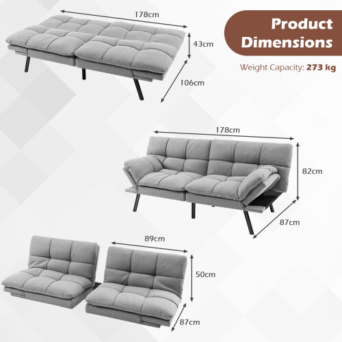 Costway 2 Seat Convertible Sofa Bed Memory Foam Sleeper Couch 3-level Adjust 1