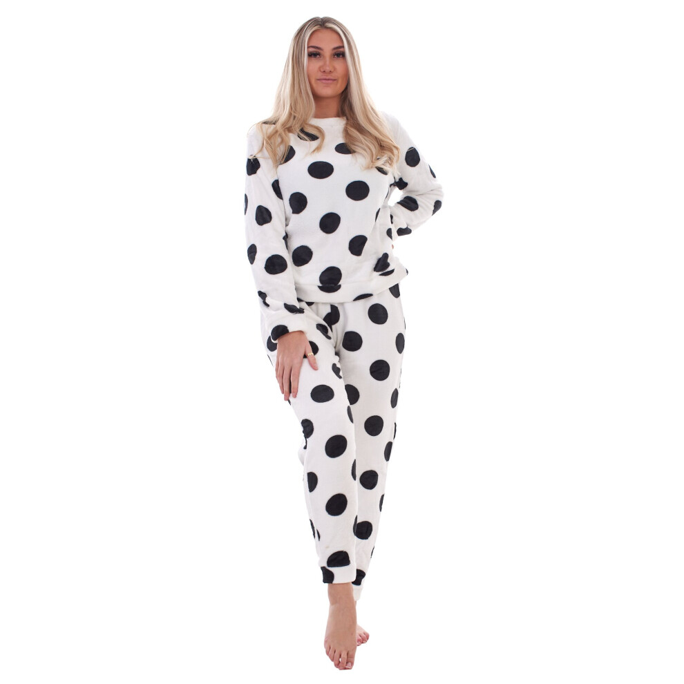 (XL) Ladies Fleece Pyjama Set Polka Spot Crew Neck Top Pants Nightwear Loungewear