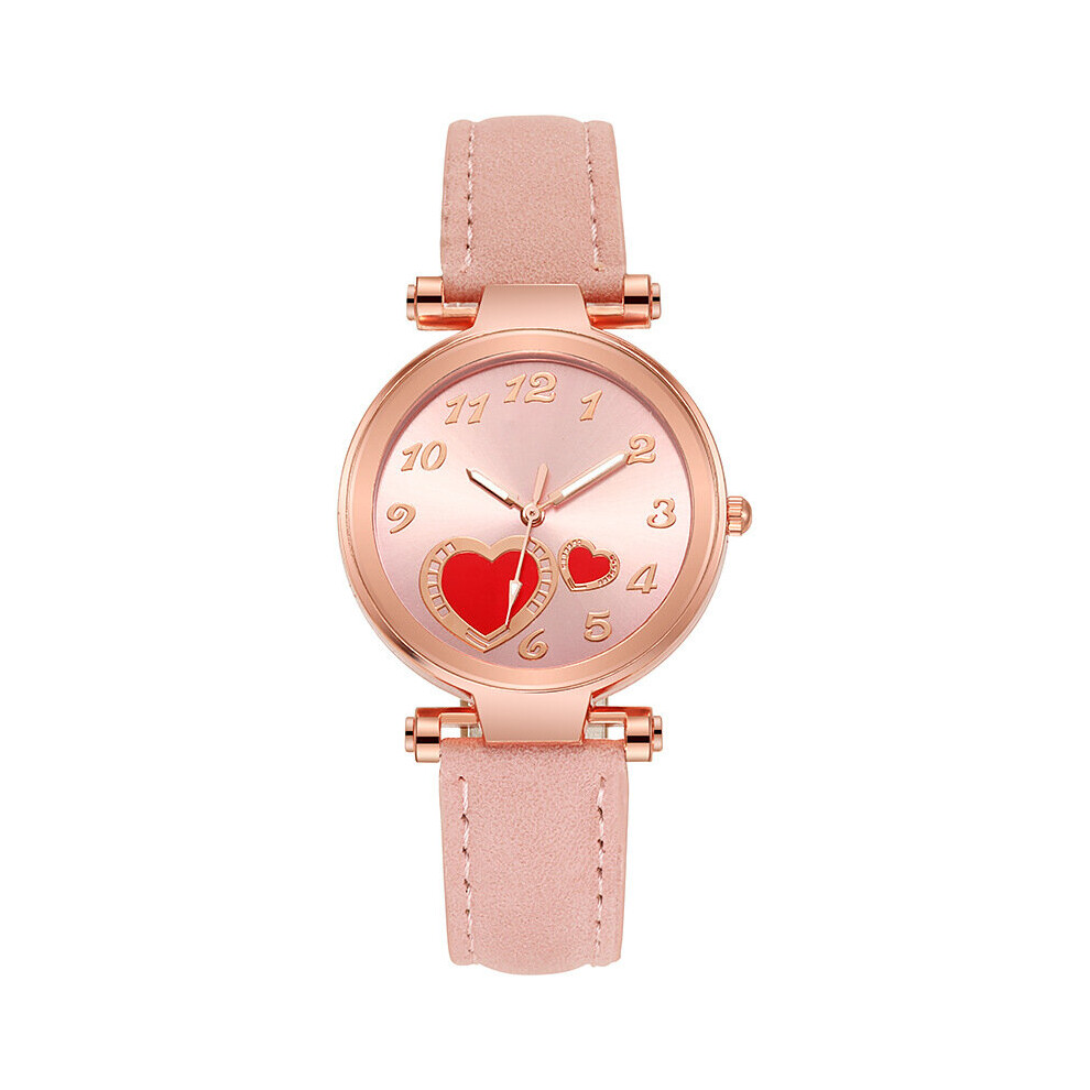 (Pink) Analog Ladies Quartz Heart Shape Pattern Wrist Watch Women Classic Round Dial