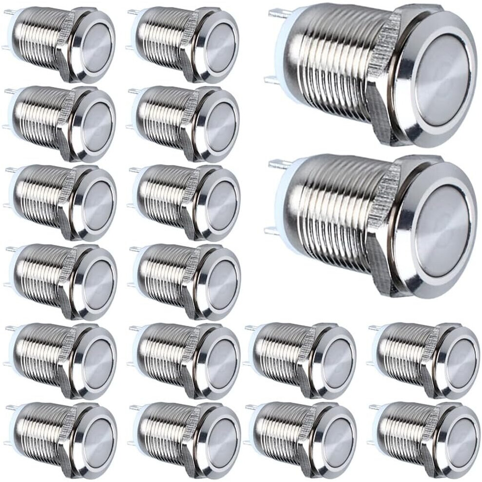 18Pcs 12Mm 2A 12V/24V/125V/250V Ac Momentary Waterproof Push Button Switch Stainless Steel On-Off Push Button (Flat Head) 7770197693943