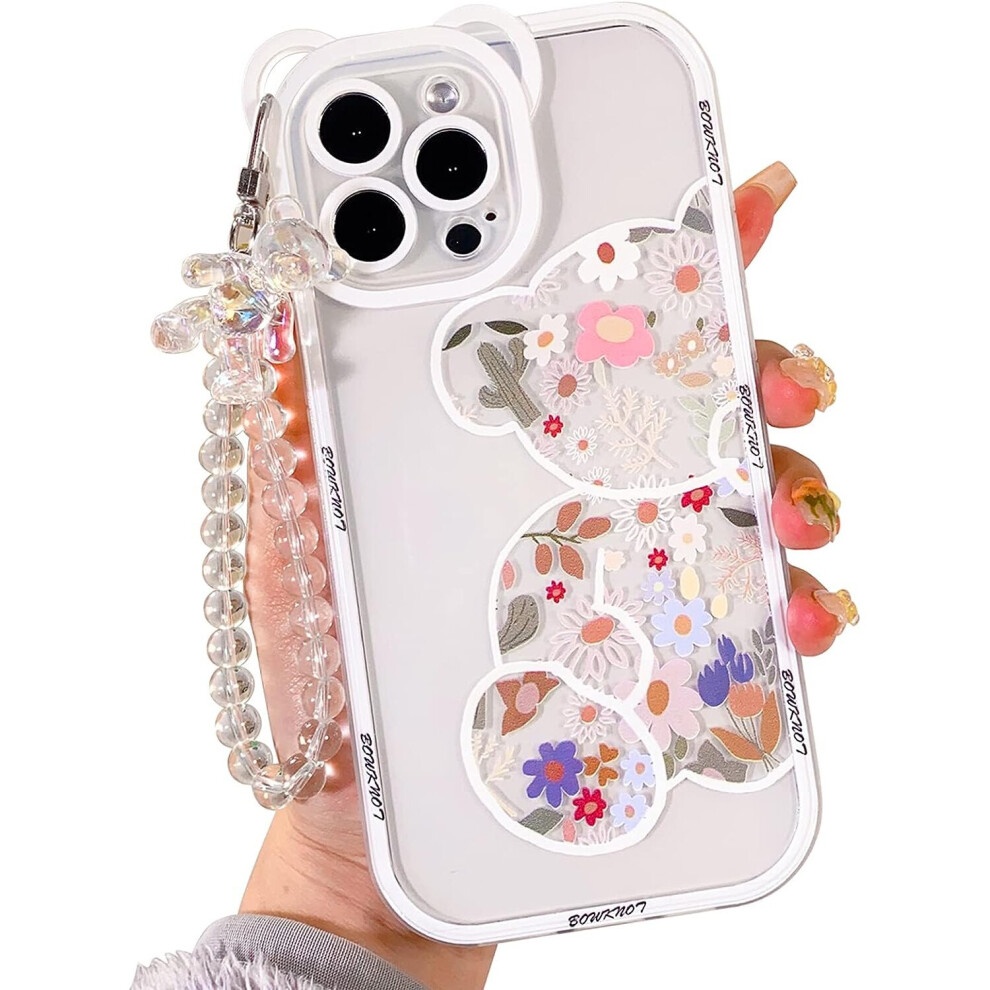 Iphone 13 Pro Clear Case With Cute Flower Pattern On Cute Bracelet Chain With Bear Ears Pattern, Soft Tpu Material Shock Resistant 7770197700733