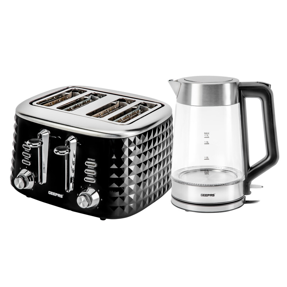 Geepas Kettle and Toaster set Illuminating Electric Glass Kettle 4 Slice Bread Toaster Textured Design
