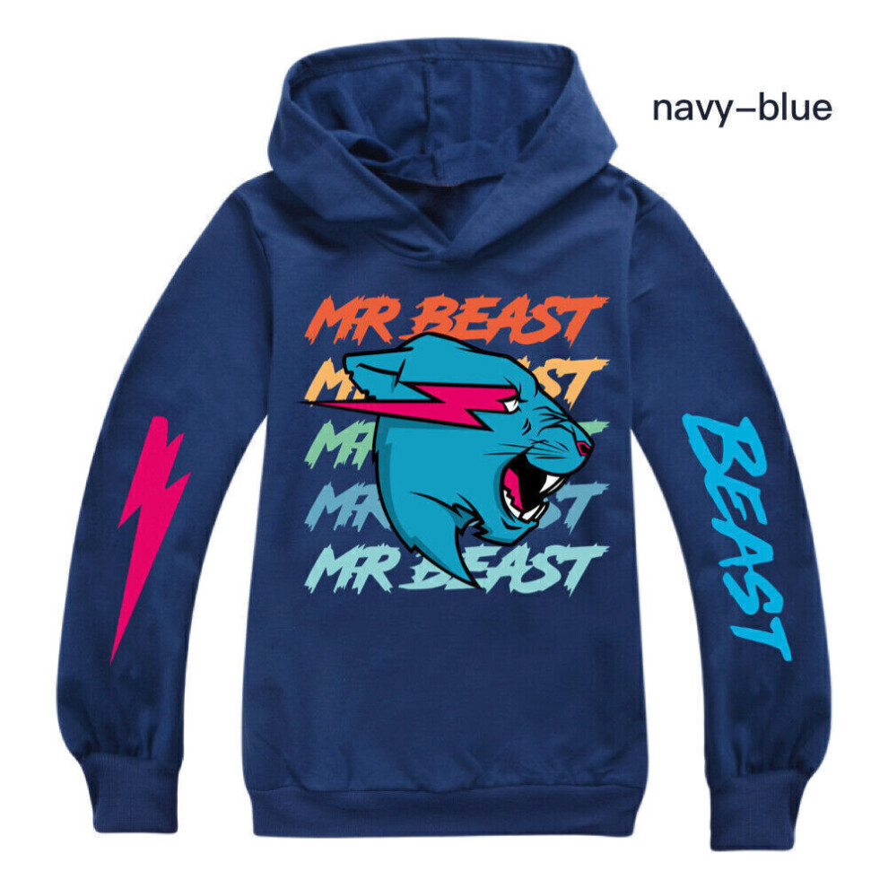 (Navy Blue, 12-13 years/170cm) Kids Boys Mr Beast Lightning Cat Casual Hoodie Jumper Tops