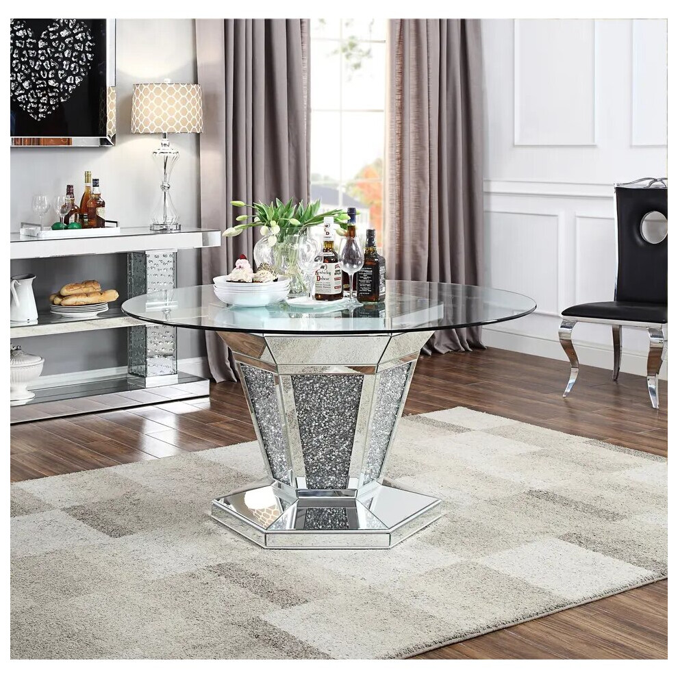 Circular dining table tempered glass surface in crushed diamond design