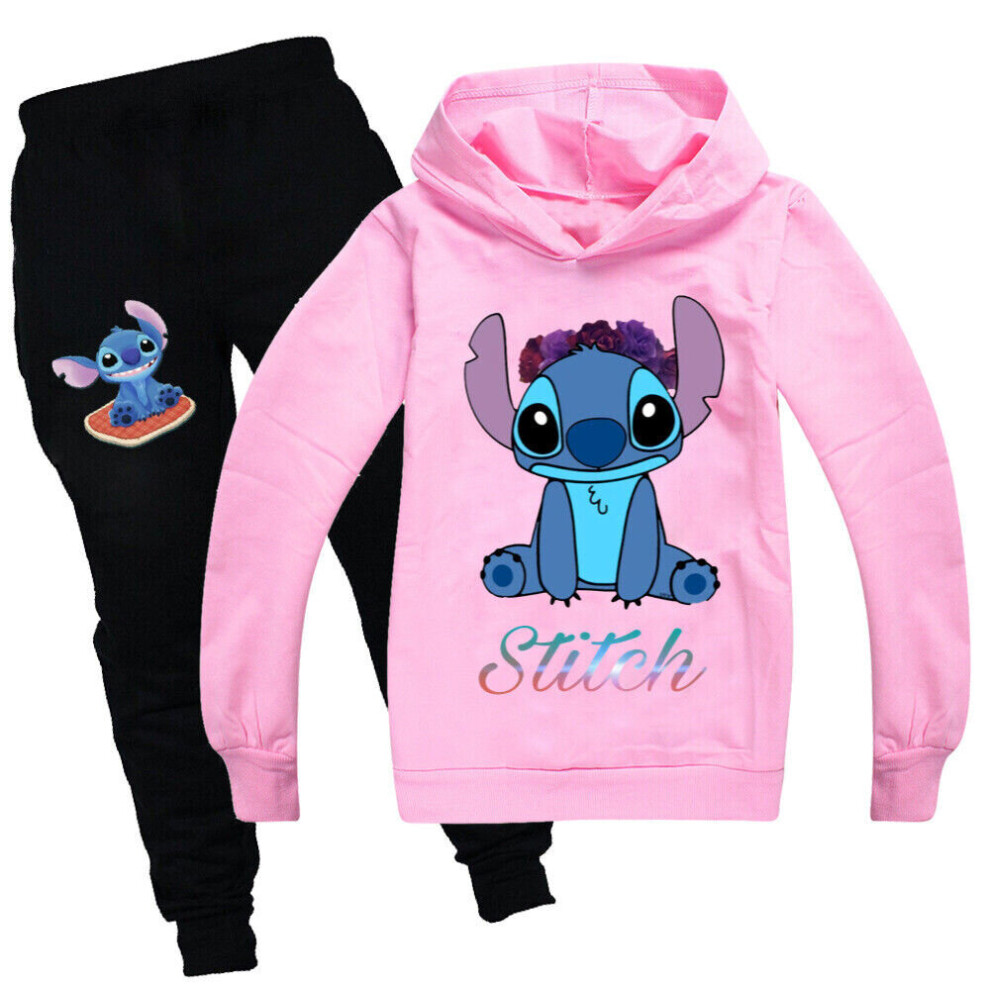 (Pink, 9-10years/150cm) Kids Stitch And Lilo Print Casual Tracksuit Sets Boys Girls Hoodies Pants Suits