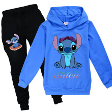 (Blue, 9-10years/150cm) Kids Stitch And Lilo Print Casual Tracksuit Sets Boys Girls Hoodies Pants Suits