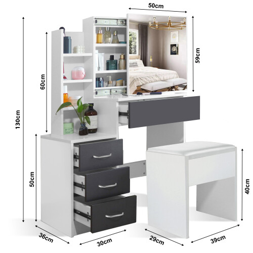 (Grey + White) Dressing Table With Drawers Mirror Stool Set Makeup Desk Vanity Table Bedroom 1