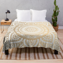 Fleece Throw Blanket Gold Mandala Pattern Illustration With White Shimmer for Sofa Couch Kids 60 x 50 Inches