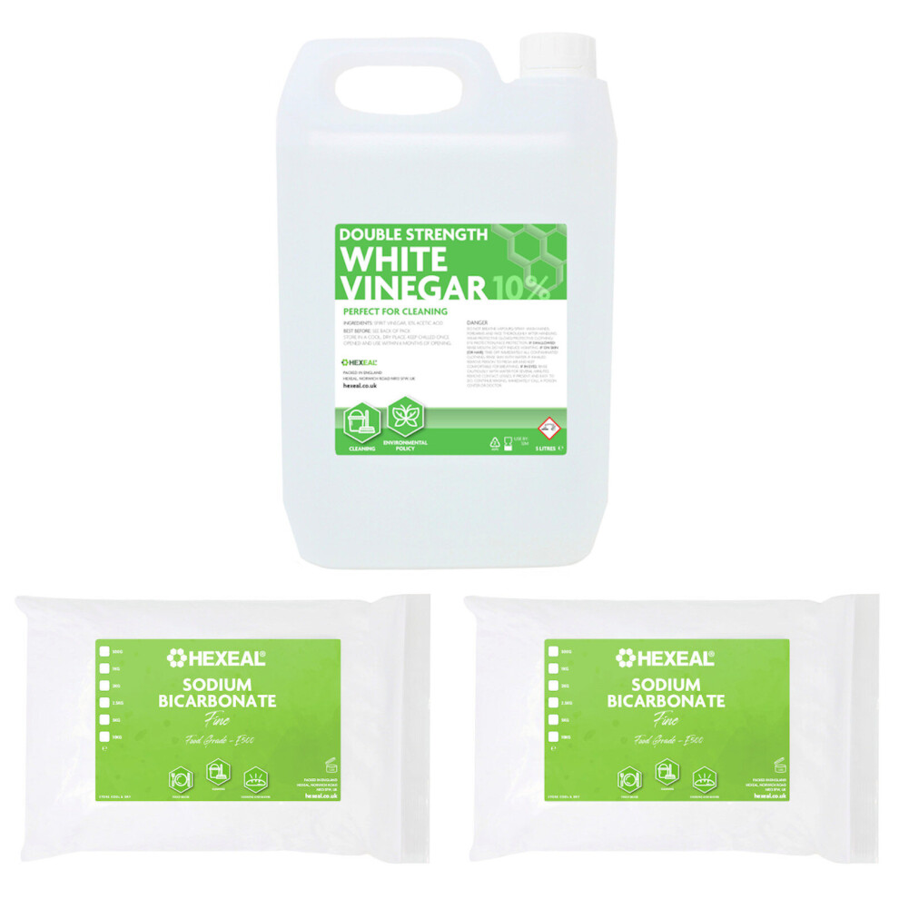 Hexeal Double Strength White Vinegar 5L and Sodium Bicarbonate 2 x 1kg Bag | Grease remover and Surface cleaner