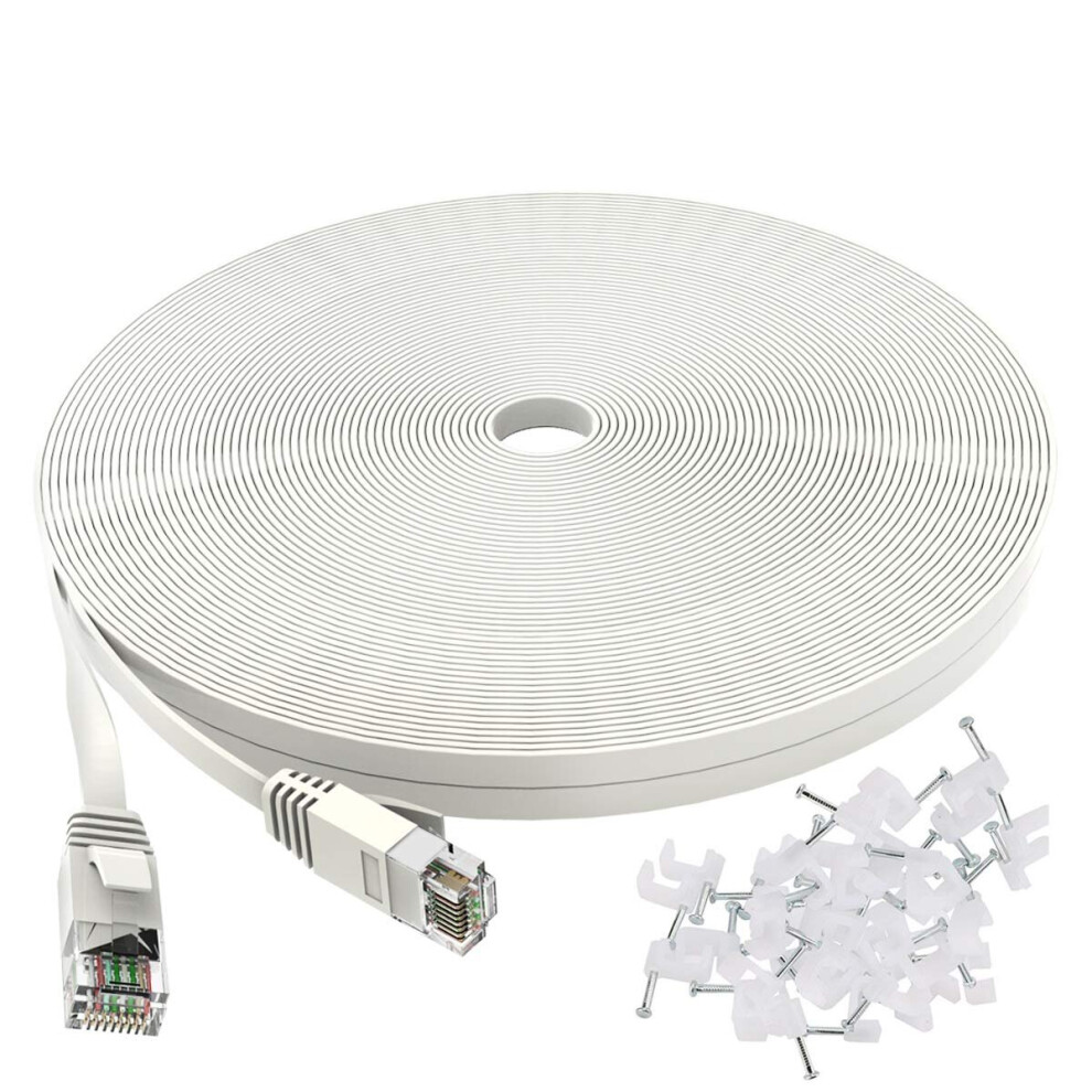 6 Ethernet Cable 50 Ft White - Flat Internet Network Lan Patch Cords C Solid Cat6 High Speed Computer Wire