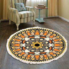 Hand Woven Cotton Round Rug Mandala Pattern Bohemian Vintage Style With Pompoms Washable Bedroom Hallway Living Room Coffee Table 60cm Flower