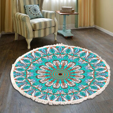 Hand Woven Cotton Round Rug Mandala Pattern Bohemian Vintage StyleWith Pompoms Machine Washable Bedroom Hallway Living Room Coffee Table 60cmFlower