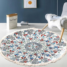 Hand Woven Cotton Round Rug Mandala Pattern Bohemian Vintage Style With Pompoms Machine Washable Bedroom Hallway Living Room Table 60cm Flower