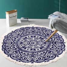 Hand Woven Cotton Round Rug Mandala Pattern Bohemian Vintage Style With Pompom Machine Washable Bedroom Hallway Living Room Table 60cm Flower
