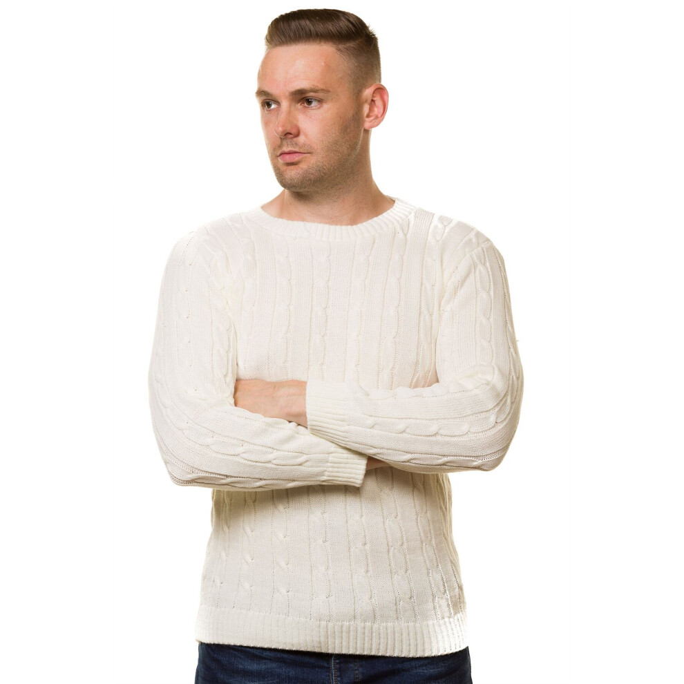 (Cream, XL) Malay New Mens Chunky Cable Knit Pullover Jumper Thick Worm Winter Sweater