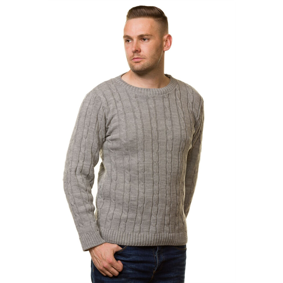 (Silver, 2XL) Malay New Mens Chunky Cable Knit Pullover Jumper Thick Worm Winter Sweater